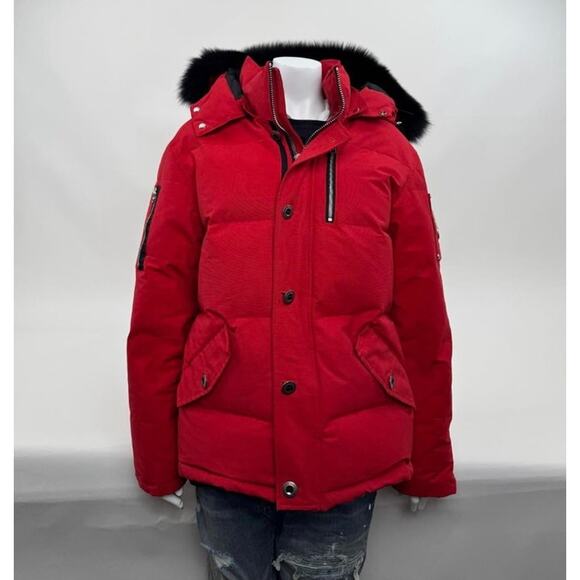 Men's Moose Knuckles Red Puffer Down Jacket With Detachable Fur Hood Size XL - Picture 1 of 16